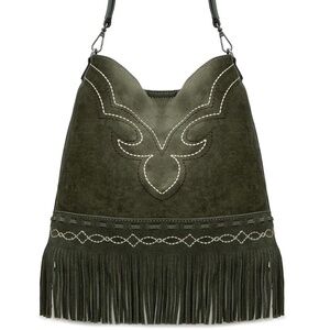 Fringe Suede Shoulder Bag in Olive Green